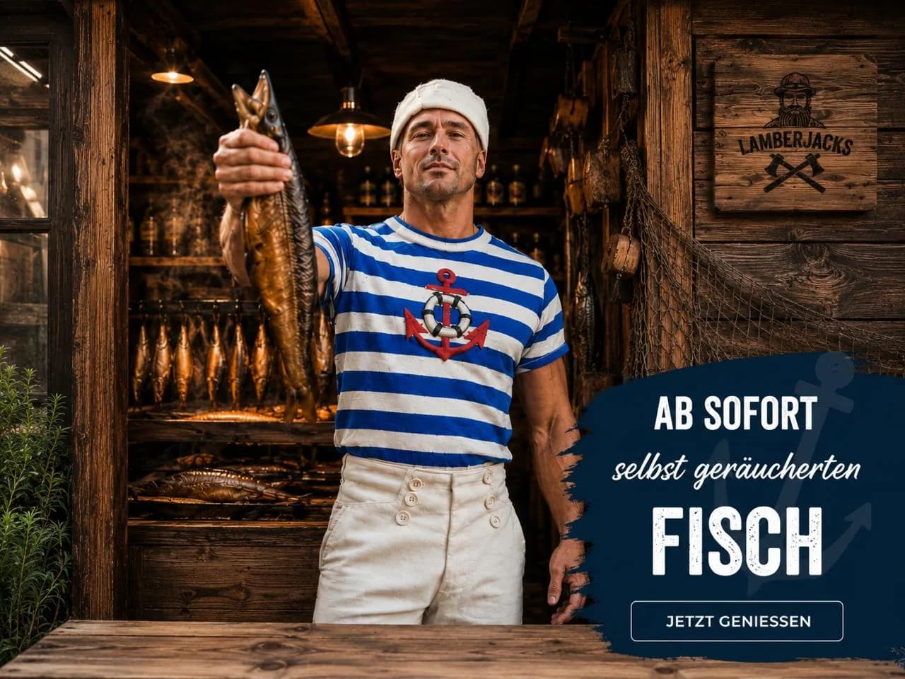 Billy, der Räuchermeister von LamberJacks, mit frisch geräuchertem Fisch