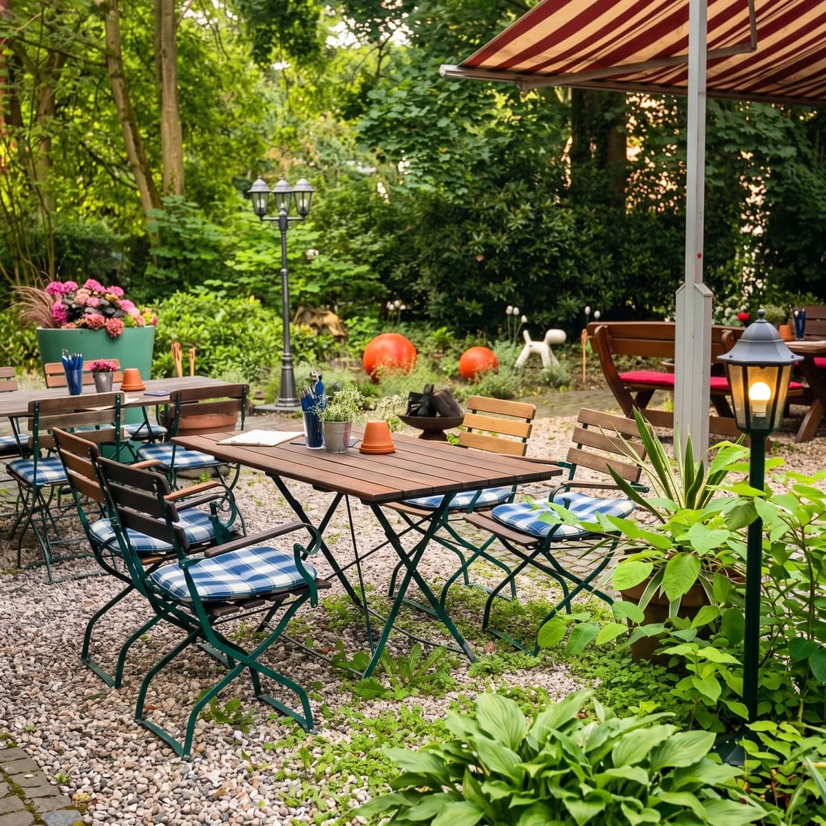 Gartentische zwischen Blumen und Grün